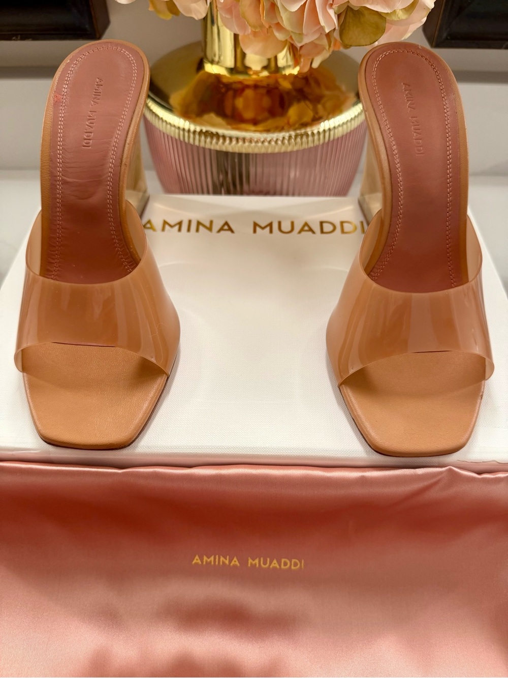 Amina Muaddi - Lupita Glass Wedge Slide Sandals - 38 (8) - Tan